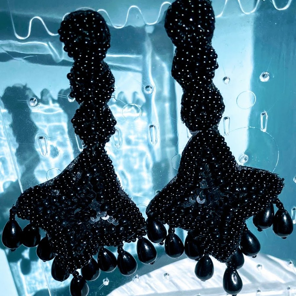 Embellished Black Handmade Beaded Long Earrings